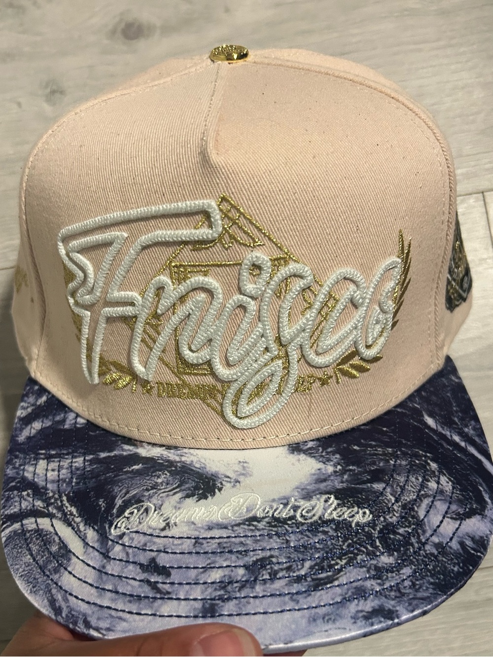 Dreams Don’t Sleep Snapback Hat with Blue Marble Brim